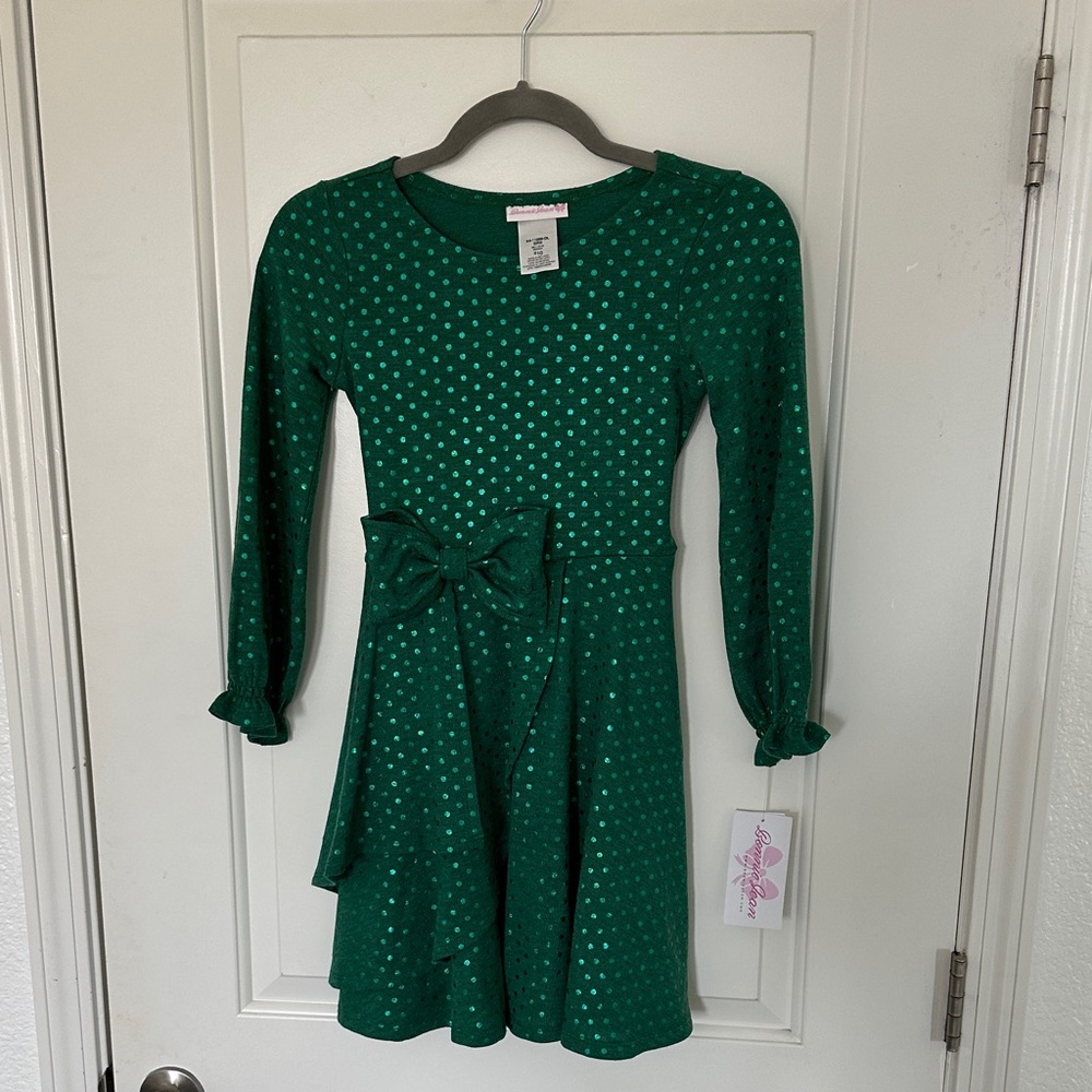 Bonnie Jean Emerald Polka Dot Dress with Waist Bow